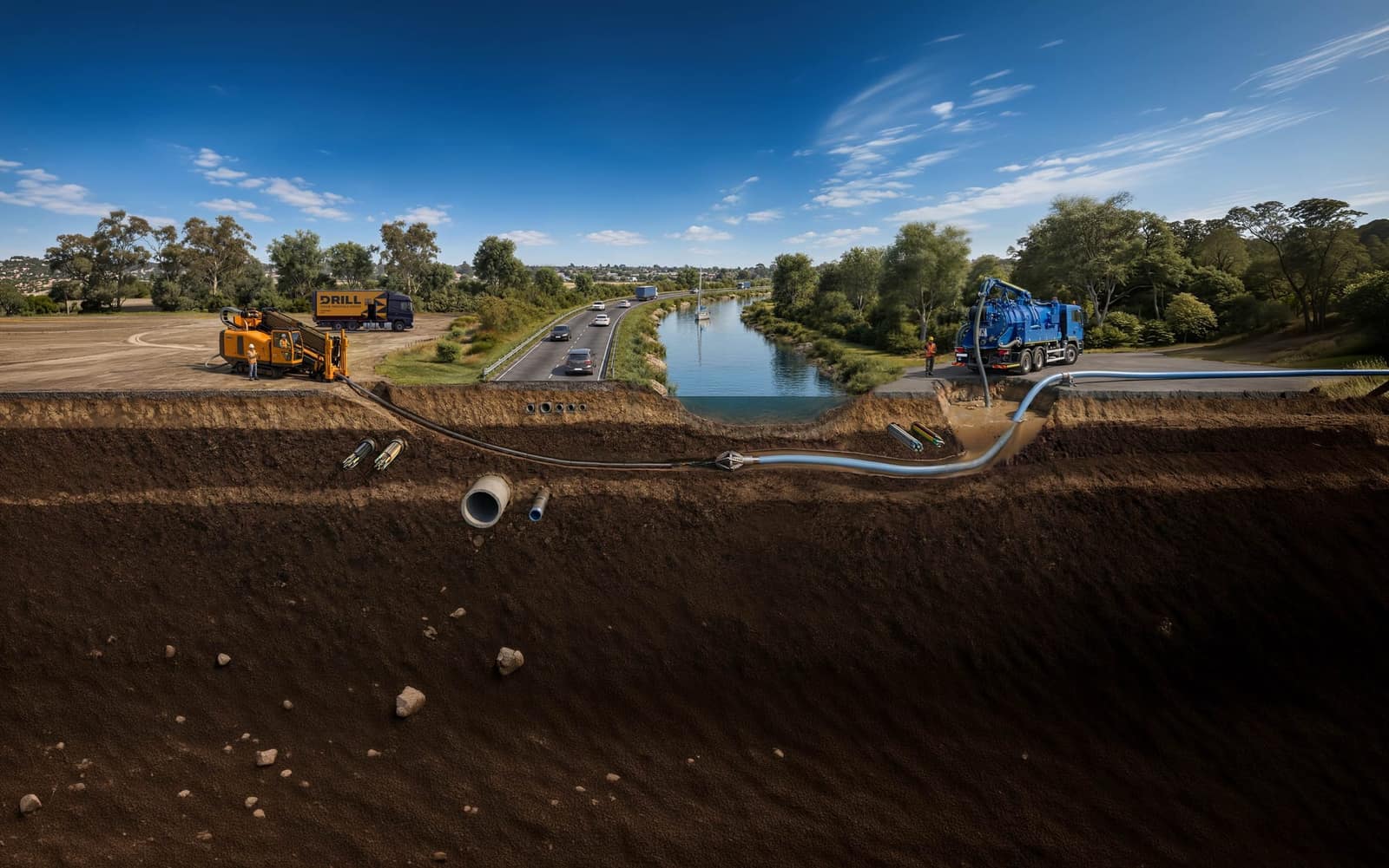Secțiune ilustrativă a unei subtraversări prin foraj orizontal dirijat: instalația DRILL trage conducte și cabluri pe sub un drum și un canal navigabil